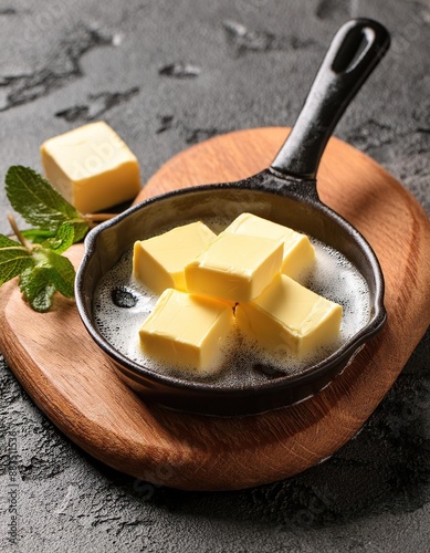 Butter cubes are melting in the frying pan photo