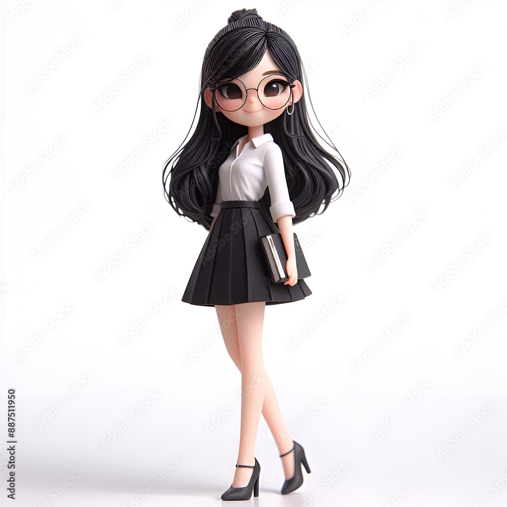 A female cartoon character with long black hair wearing a white collar shirt and a black short skirt. high-heels In a hand holding a 3D style book, standing in the middle of the picture. A female cartoon character with long black hair wearing a white collar shirt and a black short skirt. high-heels In a hand holding a 3D style book, standing in the middle of the picture.