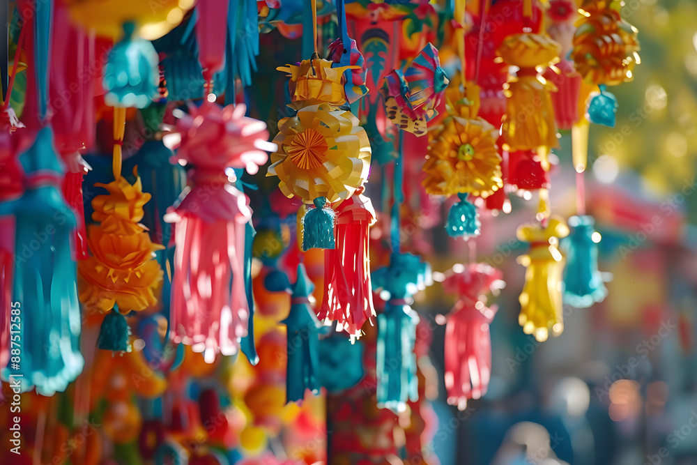 Naklejka premium Experience the lively display of vibrant traditional Spanish decorations during the festive Fiesta in Spain.