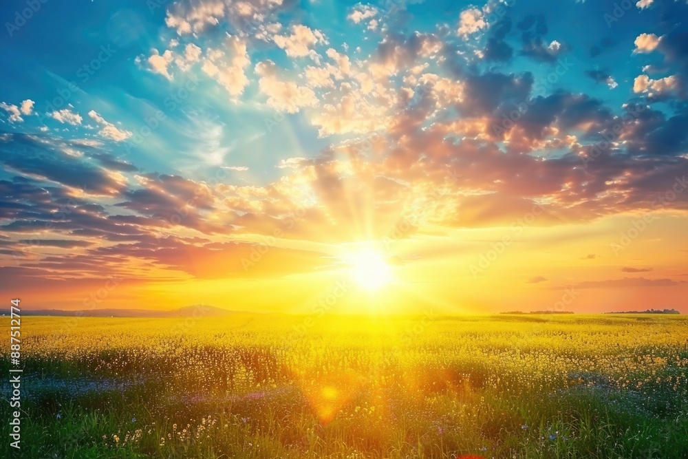 A beautiful scene of sunset over a field of flowers, great for use in travel or nature-related projects A beautiful scene of sunset over a field of flowers, great for use in travel or nature-related projects