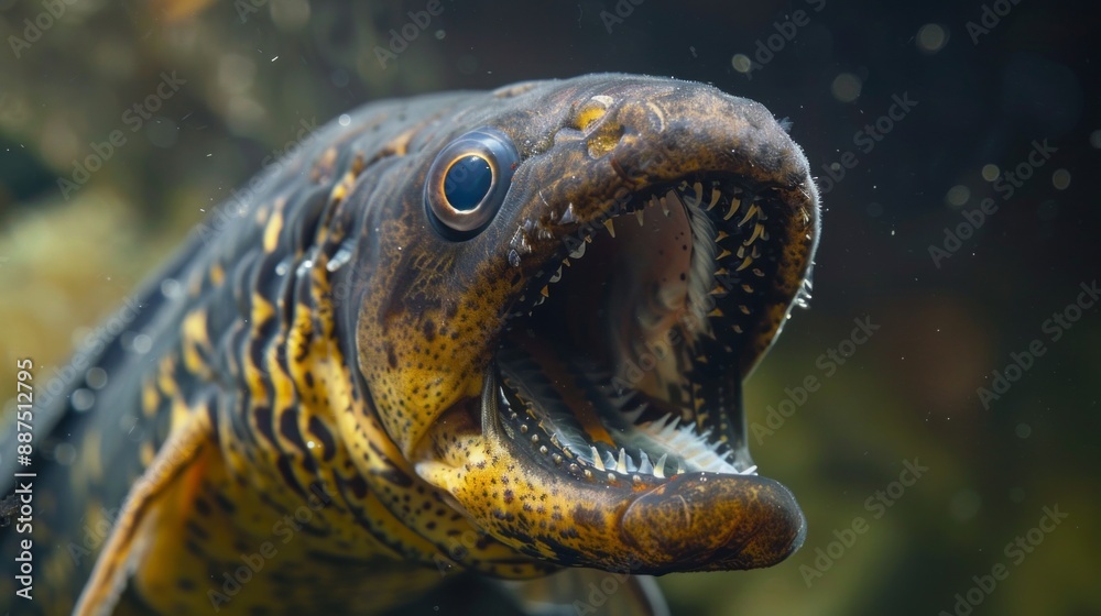 A fish with a mouth wide open is swimming in the water