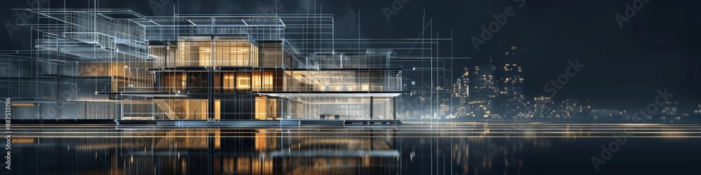 office building with wireframe extensions growing out of construction drawing paper plan with mobile device futuristic ai scenario dark mood dark background office building with wireframe extensions growing out of construction drawing paper plan with mobile device futuristic ai scenario dark mood dark background