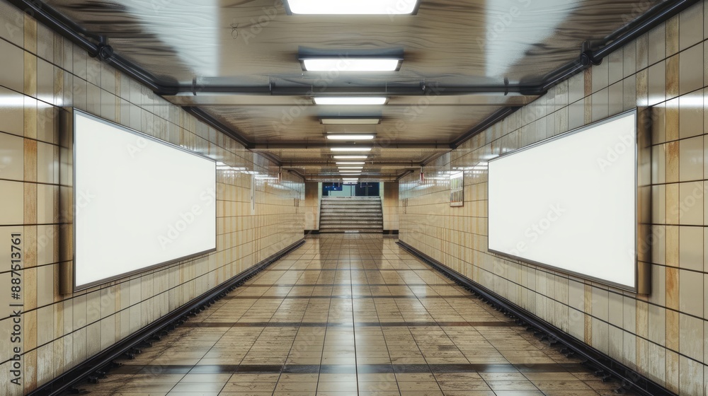 Large horizontal white banner with empty mockup space fixed on the wall of a subway passage Large horizontal white banner with empty mockup space fixed on the wall of a subway passage