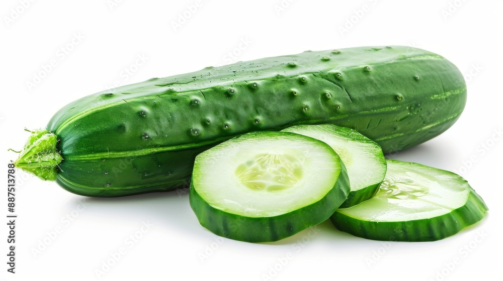 Freshly cut green cucumber isolated on a white background