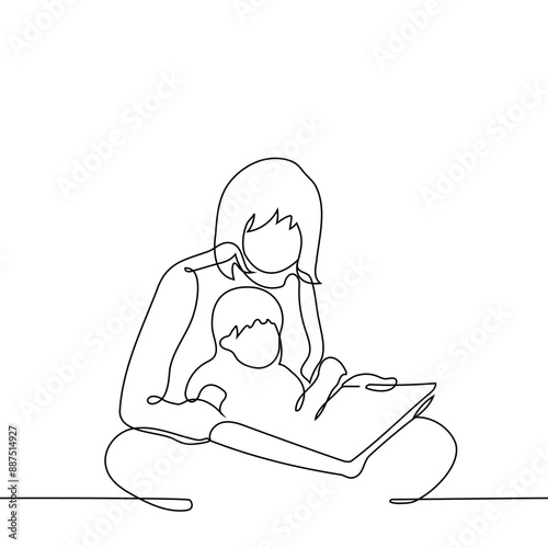 woman sitting with baby on the floor reading a book - one line art vector. concept mom and child spending time reading together