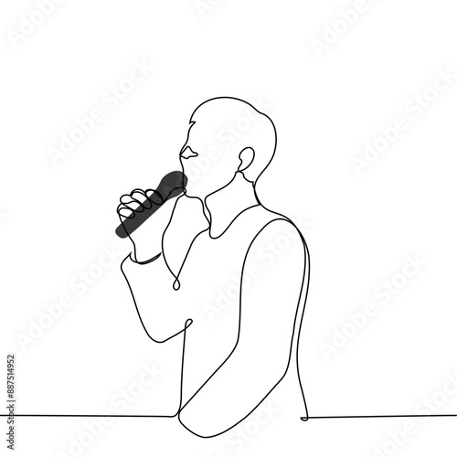man standing speaking into a microphone - one line art vector. concept speaker, presenter, singer