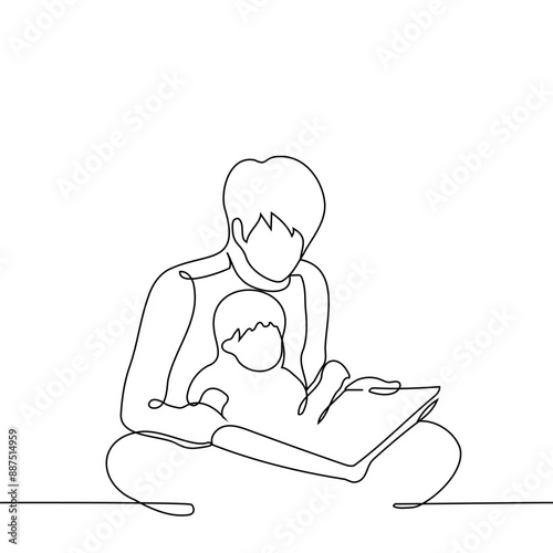 man sitting with baby on the floor reading a book - one line art vector. concept father and child spending time reading together