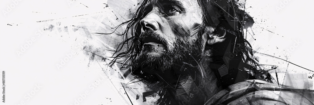 Φωτογραφία A black and white illustration of the head portrait of Jesus Christ, suitable for religious and spiritual use