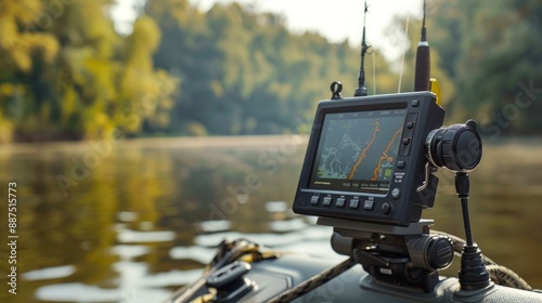 Fish finder on a boat in a serene lake during autumn. Concept of fishing, lake exploration, outdoor tech, seasonal activity