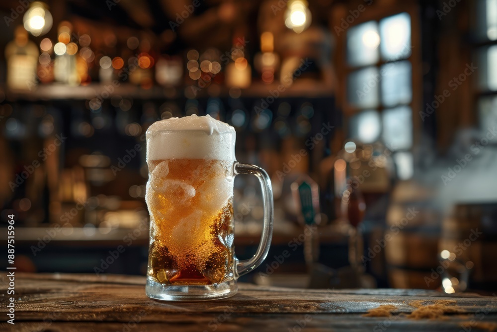 A frosty mug of beer with a thick foam head at a rustic bar background A frosty mug of beer with a thick foam head at a rustic bar background