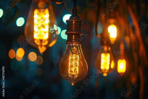 Close up antique Edison bulbs shine on dark background.