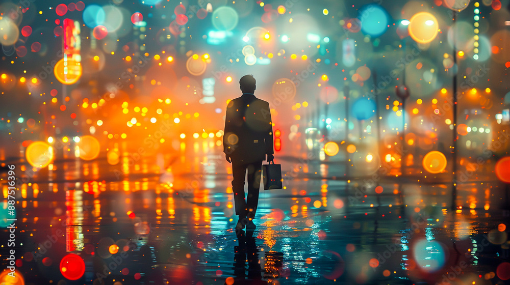 Fototapeta premium Lone Businessman in Vibrant Urban Night - Double Exposure Silhouette with City Lights