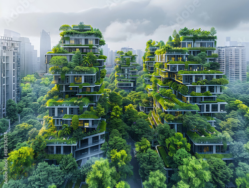 Illustrate the shift towards green living through a birds-eye view of cities Display sustainable architecture, community gardens, and electric  #887516374