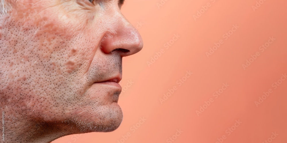 Obraz premium Close-up photo of a middle-aged man's cheek with acne scars on a pastel peach background
