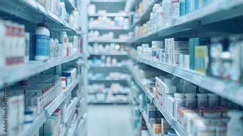 A close-up shot of shelves filled with various types and sizes of medical supplies in an innovative pharmacy setting, showcasing the diversity and technology used to support patient care.