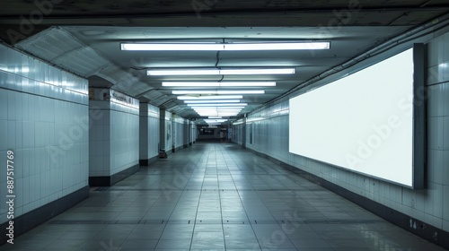 Mockup of horizontal blank advertising banners or posters in an underground tunnel walkway © Humeyra