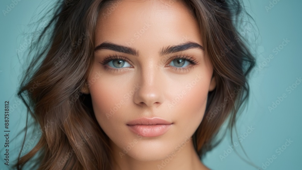 Close up portrait of a beautiful woman with clear skin and blue eyes, looking confident and serene against a blue background. Close up portrait of a beautiful woman with clear skin and blue eyes, looking confident and serene against a blue background.