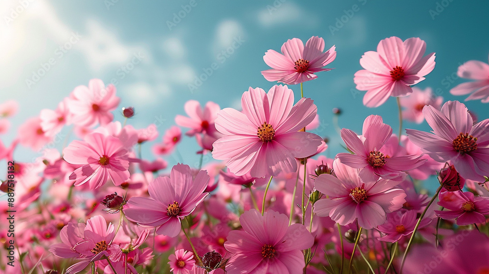 Cosmos flowers blooming in the garden with sunlight. Floral background. Cosmos flowers blooming in the garden with sunlight. Floral background.