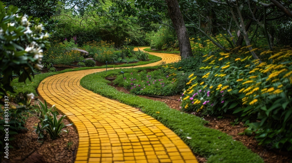 Circular yellow brick path in a serene garden, perfect for fantasy and adventure themes Circular yellow brick path in a serene garden, perfect for fantasy and adventure themes
