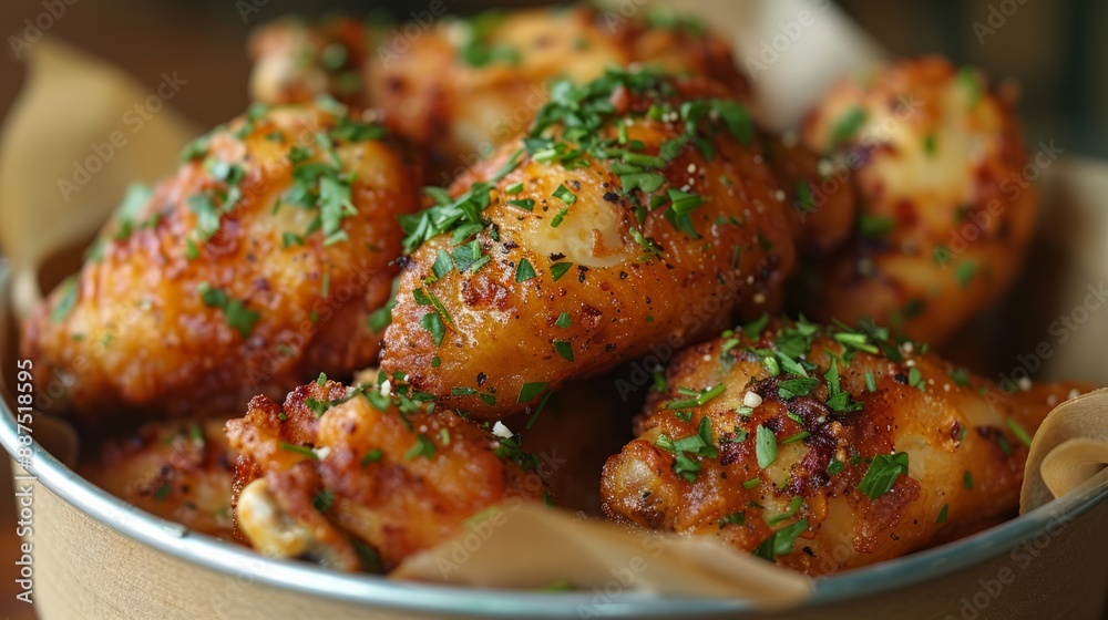 The chicken is generously sprinkled with herbs. Cardboard container lined with brown paper. The chicken is generously sprinkled with herbs. Cardboard container lined with brown paper.