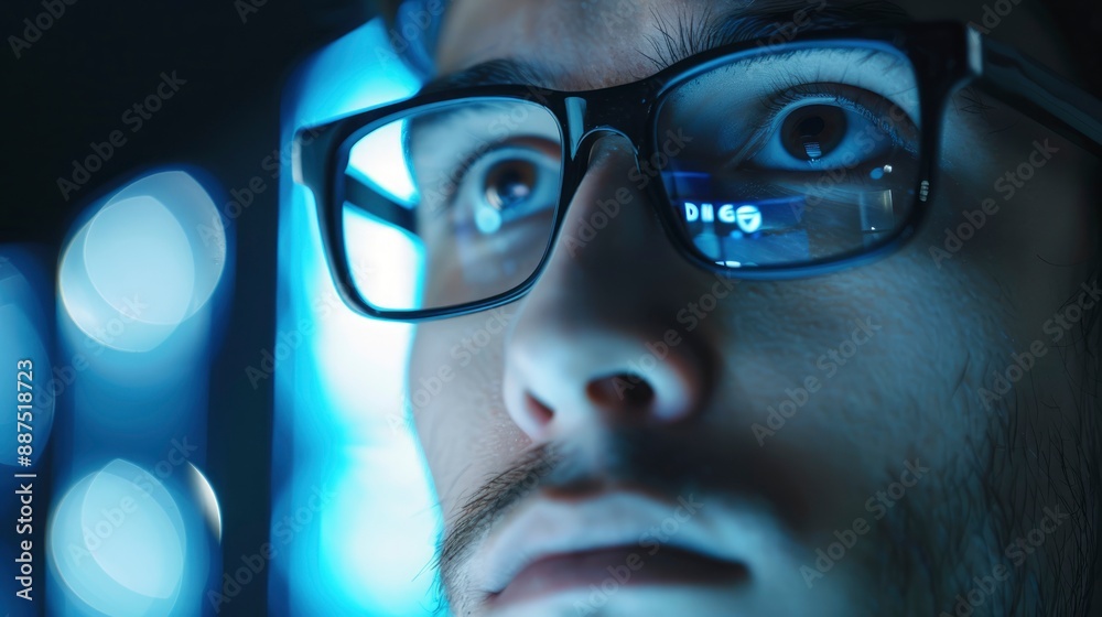 Close-up of a man's eye, wearing glasses, looking at a computer screen, with reflections of blue light. Close-up of a man's eye, wearing glasses, looking at a computer screen, with reflections of blue light.