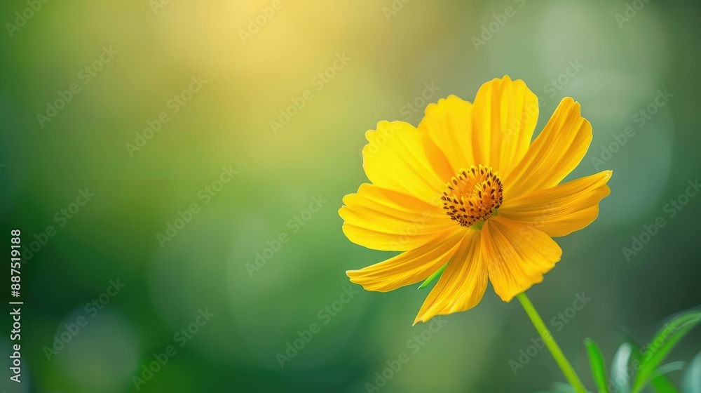 Closeup of a bright yellow Cosmos flower with a green blurred background under sunlight, ideal for natural landscape designs Closeup of a bright yellow Cosmos flower with a green blurred background under sunlight, ideal for natural landscape designs