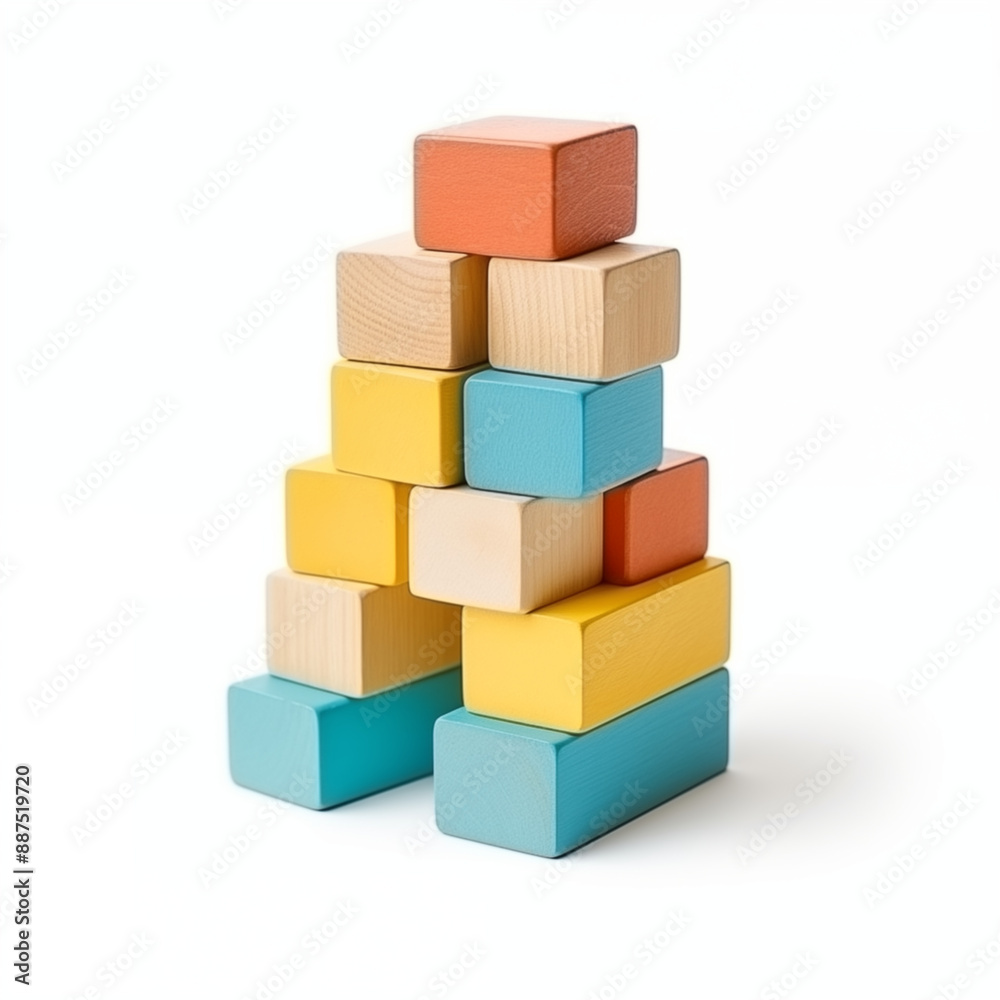 Set of Colorful Wooden Blocks Stacked in Various Arrangements on White Background for Kids Set of Colorful Wooden Blocks Stacked in Various Arrangements on White Background for Kids
