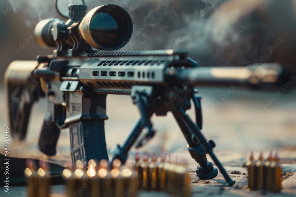 A close-up view of a machine gun with a scope mounted on a table, ready for use A close-up view of a machine gun with a scope mounted on a table, ready for use