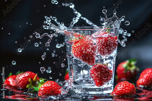 Red strawberries fall into the glass