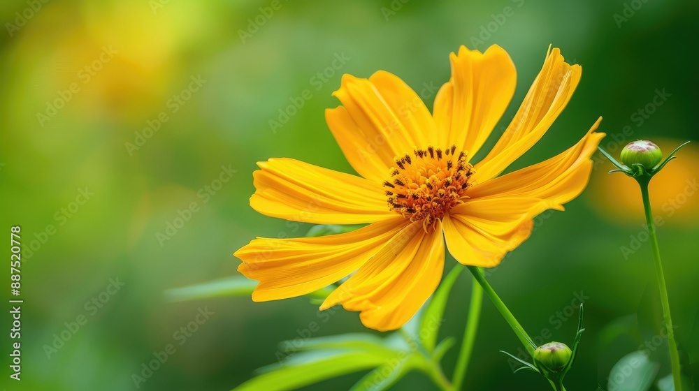 Detailed yellow Cosmos flower closeup with a green blurred background, ideal for ecology cover page themes Detailed yellow Cosmos flower closeup with a green blurred background, ideal for ecology cover page themes