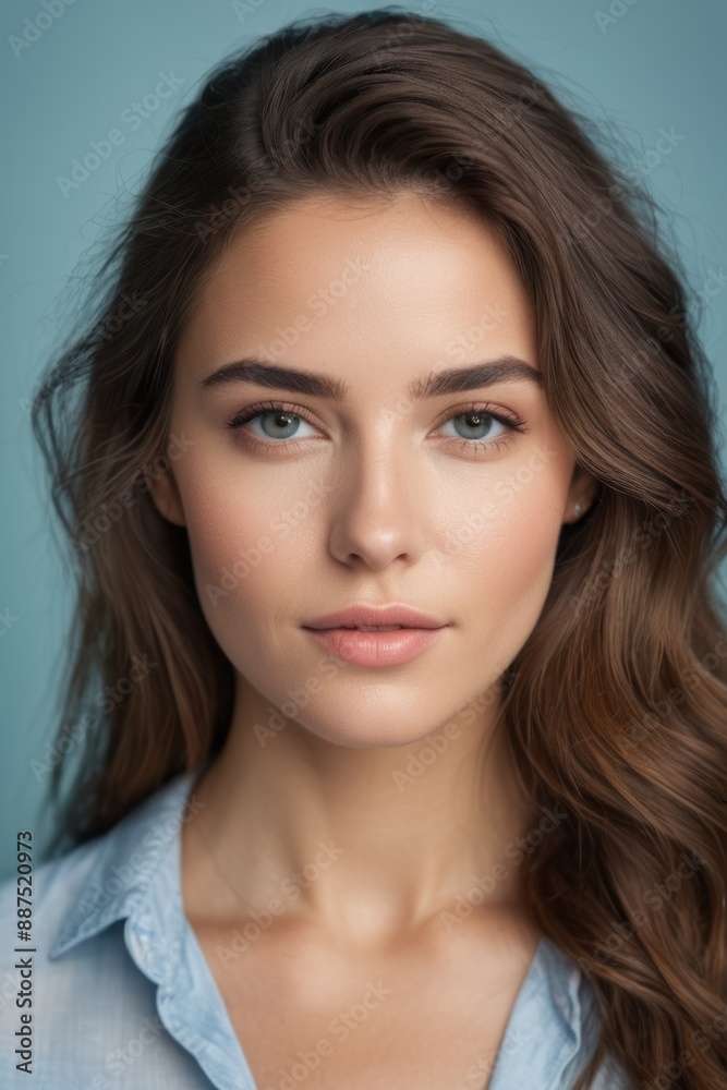 Close up portrait of a beautiful woman with clear skin and blue eyes, looking confident and serene against a blue background. Close up portrait of a beautiful woman with clear skin and blue eyes, looking confident and serene against a blue background.