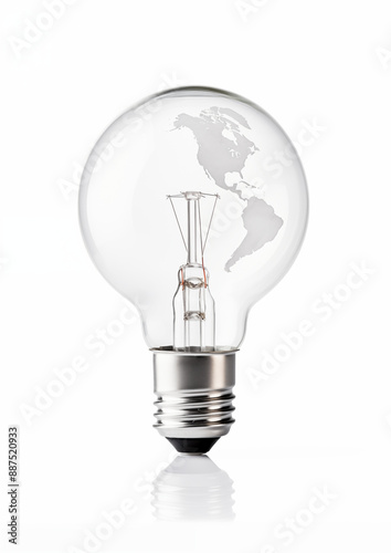 A Clear Light Bulb With The World Map Printed Inside, Isolated On A White Background, Representing Global Ideas And Innovation