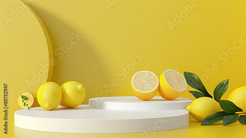 3d render podium with lemons and leaves on yellow background. Product presentation mockup. Lemon product podium. Yellow citrus cosmetics scene. Sales podium. Copy space area for text