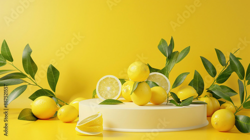 3d render podium with lemons and leaves on yellow background. Product presentation mockup. Lemon product podium. Yellow citrus cosmetics scene. Sales podium. Copy space area for text