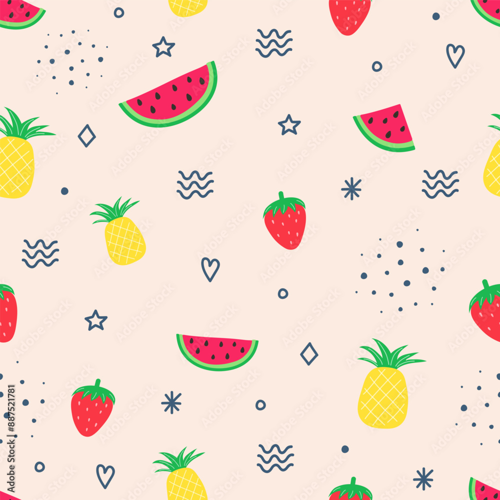 Summer background with fruits - watermelon, pineapple and strawberry. Vector illustration Summer background with fruits - watermelon, pineapple and strawberry. Vector illustration