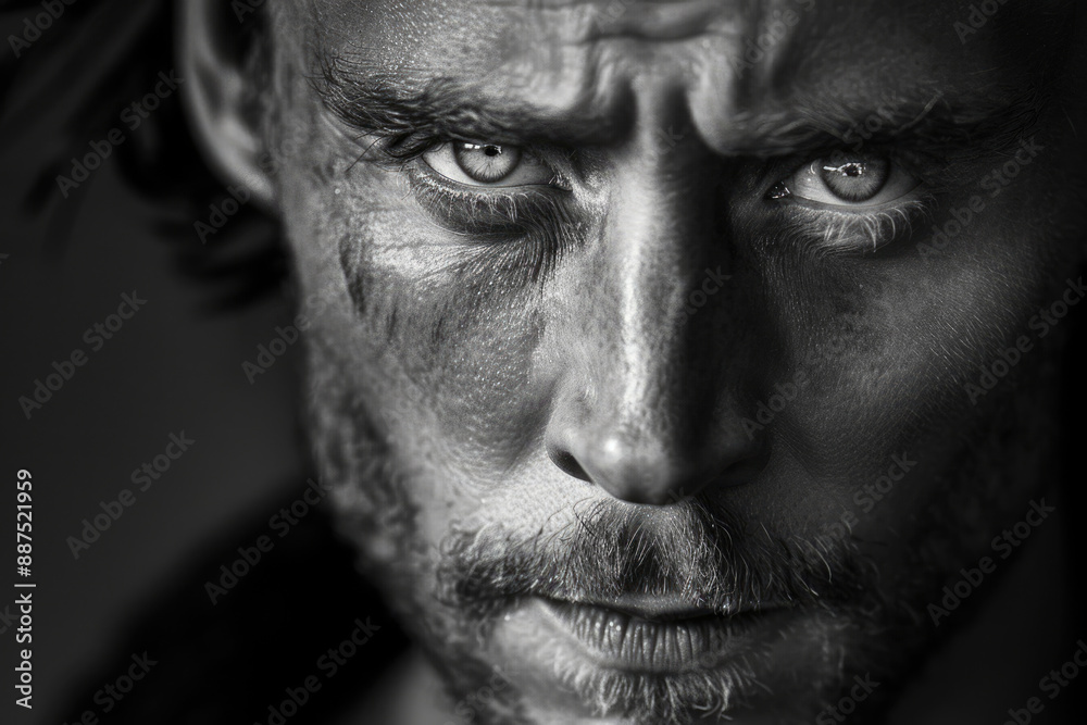 A man's cold facial expression on a black background A man's cold facial expression on a black background