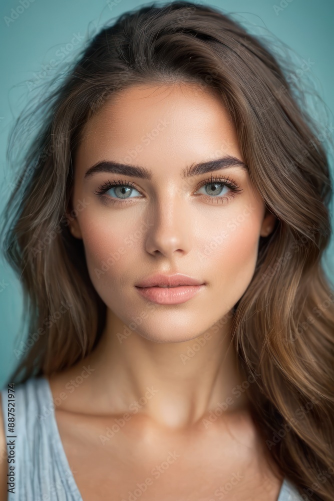 Close up portrait of a beautiful woman with clear skin and blue eyes, looking confident and serene against a blue background. Close up portrait of a beautiful woman with clear skin and blue eyes, looking confident and serene against a blue background.