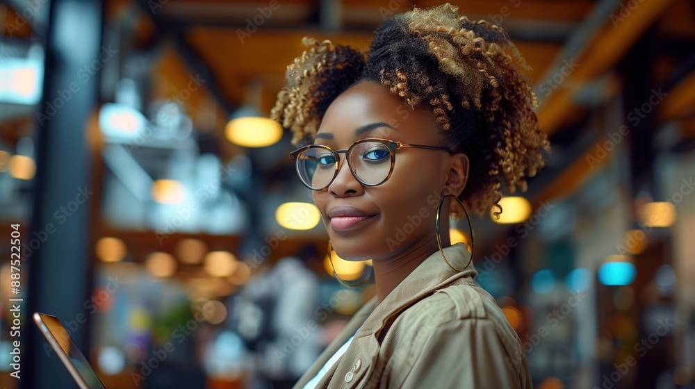 Confident Woman With Glasses Holding a Tablet in a Modern Setting Confident Woman With Glasses Holding a Tablet in a Modern Setting