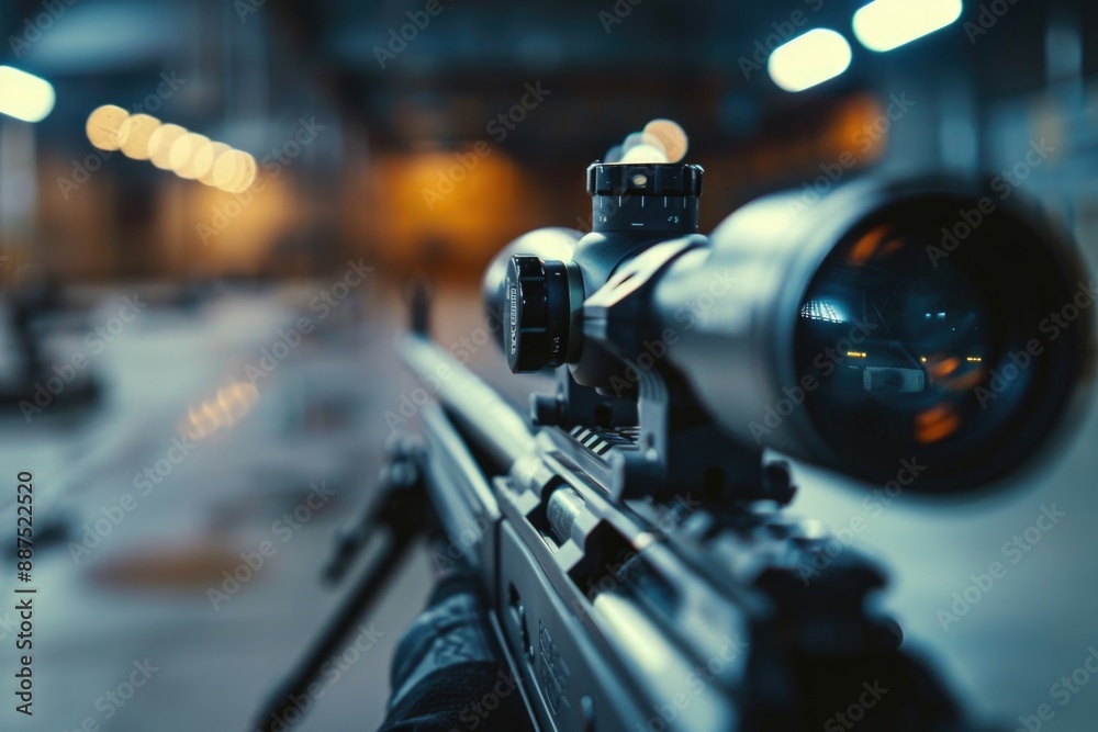 A close-up shot of a rifle equipped with a night vision lens, suitable for use in surveillance or tactical situations A close-up shot of a rifle equipped with a night vision lens, suitable for use in surveillance or tactical situations