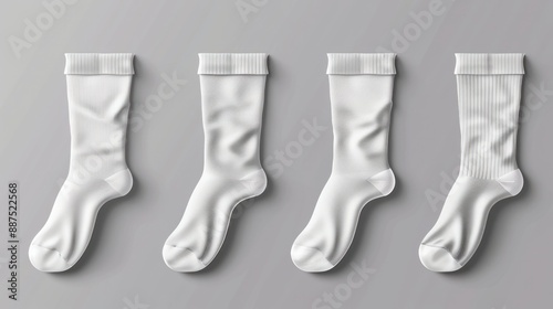 Set of white socks mockups isolated on a gray background Realistic vector illustration of blank foot clothing pieces with empty cardboard labels cotton fabric template photo