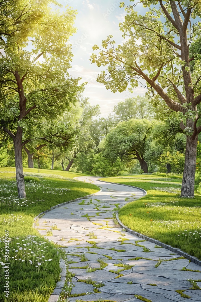 Fototapeta premium a photorealistic image of an outdoor scene with beautiful full-foliage trees, grass with a sprinkle of wildflowers, a curved flat stone walkway, and soft light blue and white sky, suitable for a famil