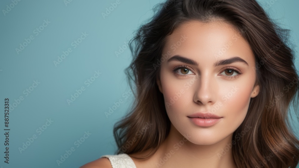 Close up portrait of a beautiful woman with clear skin and blue eyes, looking confident and serene against a blue background. Close up portrait of a beautiful woman with clear skin and blue eyes, looking confident and serene against a blue background.