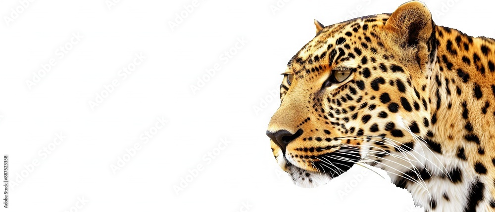Obraz premium Close-up shot of a cheetah's face on a white background, out of focus