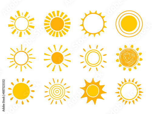 Hand drawn summer elements. Sun icon set. Vector illustration