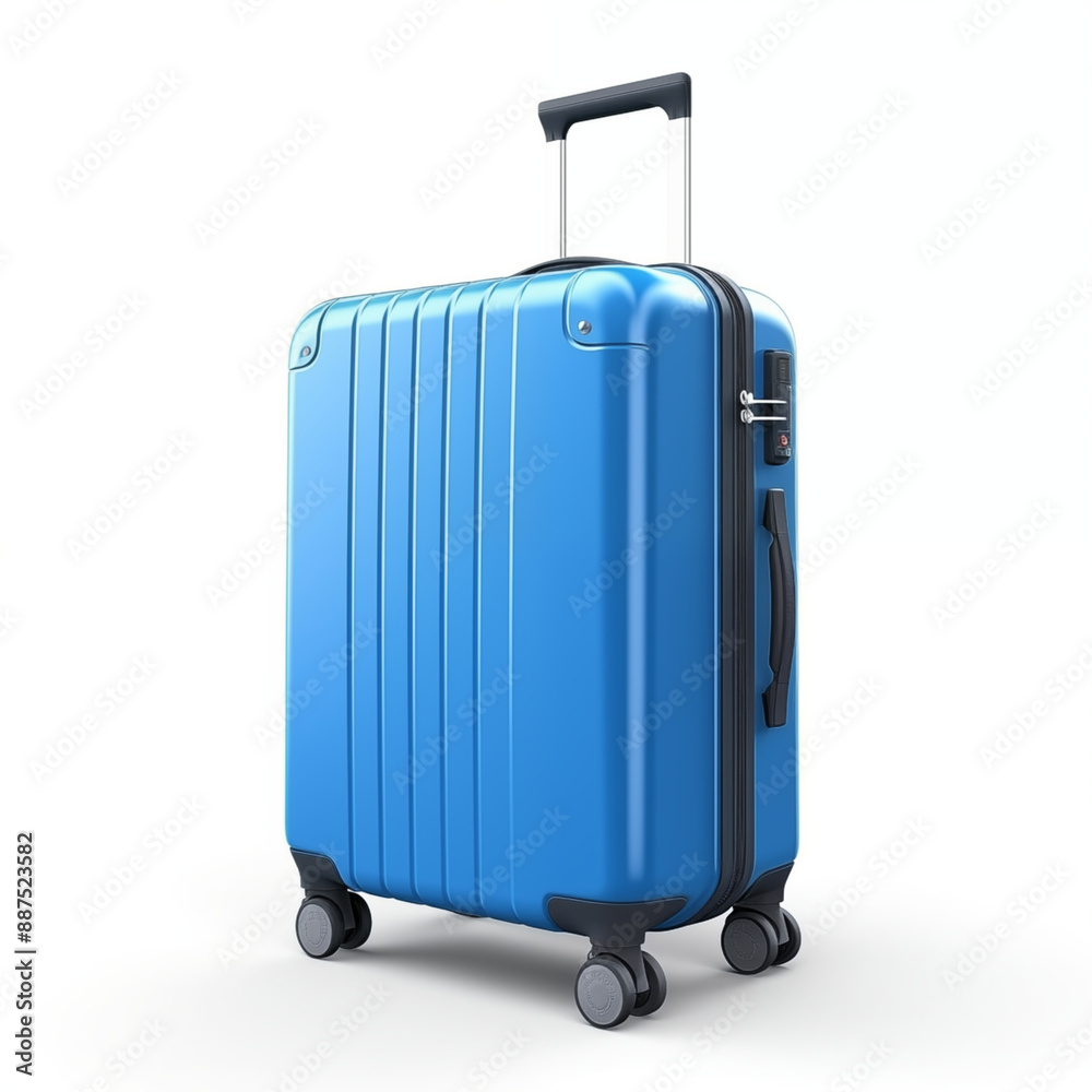 Modern Blue Suitcase With Spinner Wheels And Telescopic Handle On A White Background Modern Blue Suitcase With Spinner Wheels And Telescopic Handle On A White Background