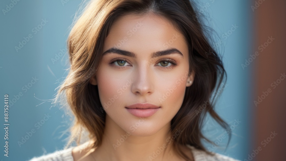 Naklejka premium Close up portrait of a beautiful woman with clear skin and blue eyes, looking confident and serene against a blue background.