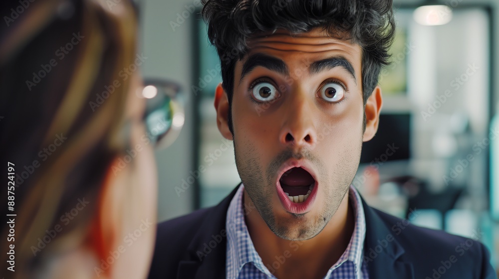 A Shocked Young Man Looks Off-Camera In an Office Setting