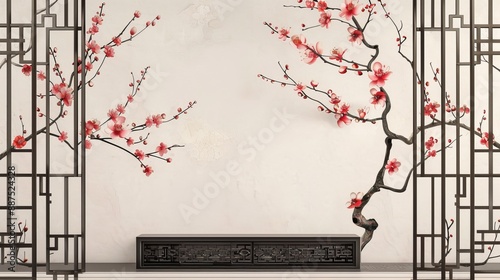 A traditional Chinese style background wall with an elegant and symmetrical composition, featuring plum blossoms blooming on branches against the backdrop of white walls adorned with window decoration