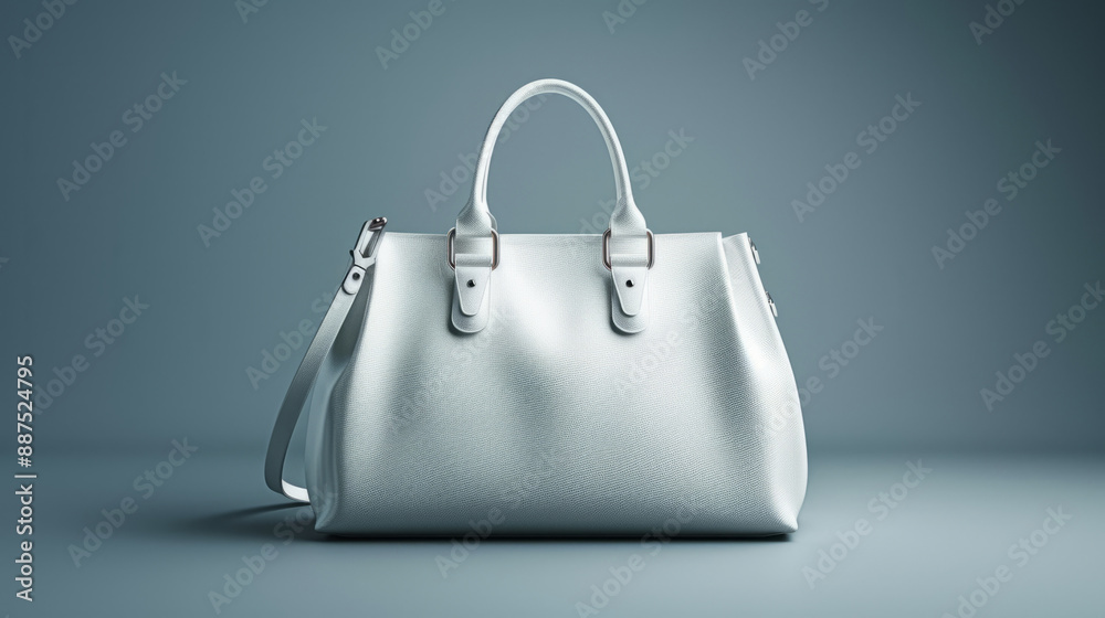 Elegant white leather handbag on a grey background. Women's bag in the studio. Fashionable accessories in a modern style. Elegant white leather handbag on a grey background. Women's bag in the studio. Fashionable accessories in a modern style.