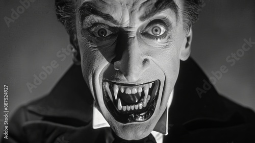 Black and white portrait of an elderly Caucasian man with a sinister smile in a vintage setting. Concept of horror, villain, vintage style, classic film character